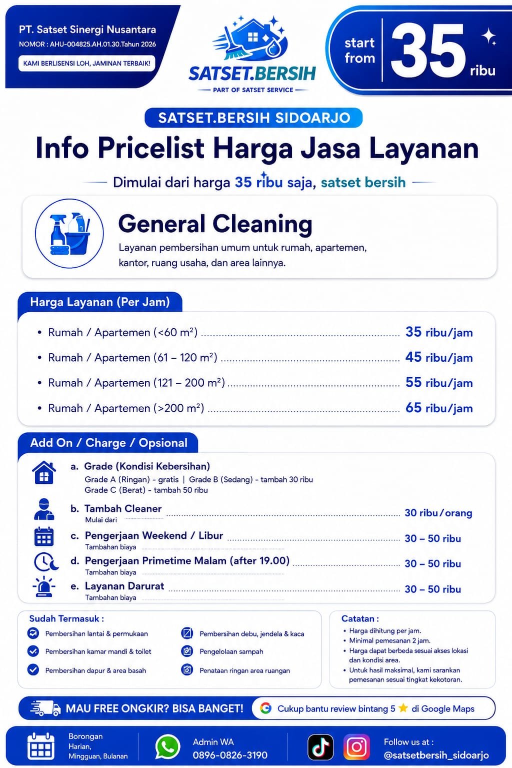 Pricelist General Cleaning Satset Bersih Sidoarjo mulai 35 ribu